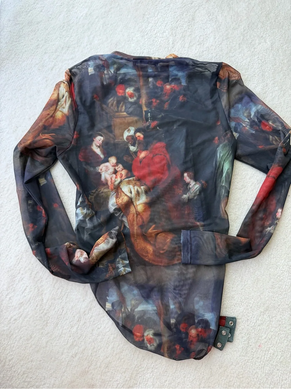Akira Renaissance Print Sheer Mesh Bodysuit in Dark MultiColor - Picture 7 of 7